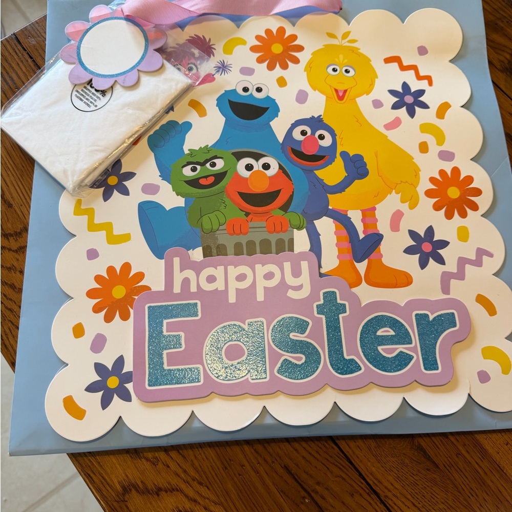 Sesame Street Easter Gift Bag with Blue Background and Multicolor Characters